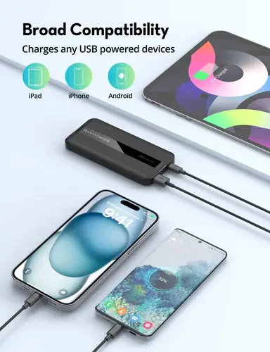 بطارية راف باور بسعة 10000 ملي امبير بقوة 20 واط بمنفذ تايب سي ومنفذ USB-A - اسود