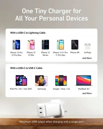 شاحن جداري انكر نانو برو بقوة 40 واط بمنفذين USB-C - ابيض