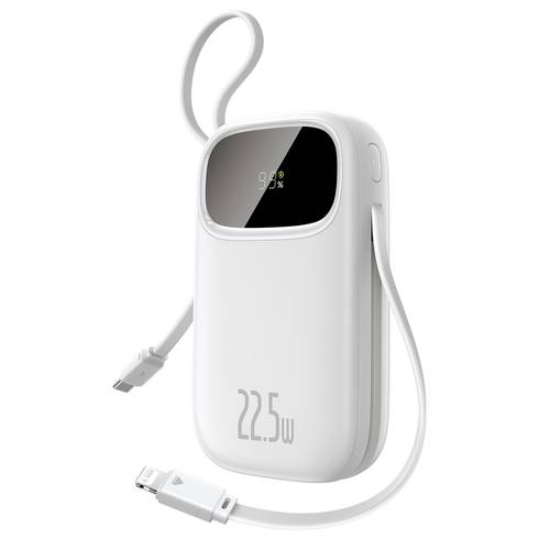 بيسوس - بطارية QPow 3 بسعة 20,000mAh مع كيابل مدمجة USB-C و lightning - ابيض