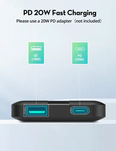 بطارية راف باور بسعة 10000 ملي امبير بقوة 20 واط بمنفذ تايب سي ومنفذ USB-A - اسود