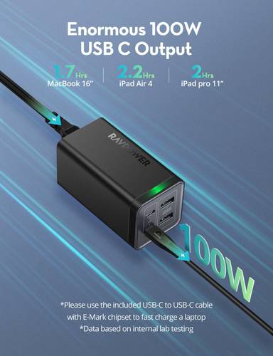 منصة شحن راف باور بقوة 120 واط بمنفذين USB ومنفذين تايب سي مع كيبل تايب سي تايب سي