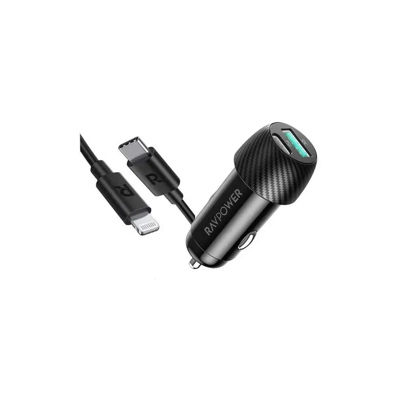 راف باور كومبو شاحن سيارة بتقنيه بي دي 25 واط ومنفذ USB-A 24 واط + كيبل تايب سي لايتننق