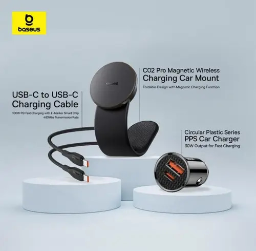 حامل جوال بيسوس c02 برو كلاستر مغناطيسي يدعم شحن لاسلكي وشاحن سيارة بمنفذ USB-A ومنفذ تايب سي وكيبل تايب سي الى تايب سي