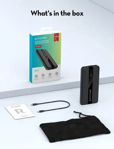 بطارية راف باور بسعة 10000 ملي امبير بقوة 20 واط بمنفذ تايب سي ومنفذ USB-A - اسود
