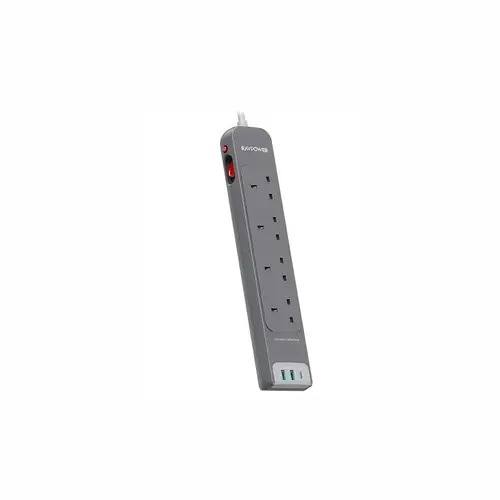 توصيلة راف باور 4 منافذ طاقة ومنفذين USB-A ومنفذ USB-C بطول 3 متر - رمادي