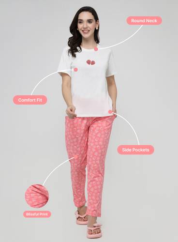 BLUSH BERRIES PRINTED PYJAMA WITH OFF WHITE T-SHIRT SET