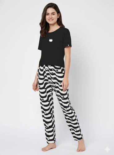 BLACK TIDE PRINTED PYJAMA WITH BLACK T-SHIRT SET 