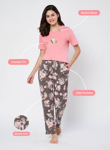 ASH BLOSSOM PRINTED PYJAMA WITH BABY PINK T-SHIRT SET