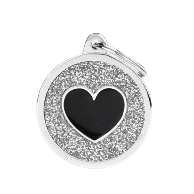 MF Tags GREY BIG GLITTER CIRCLE BLACK HEART