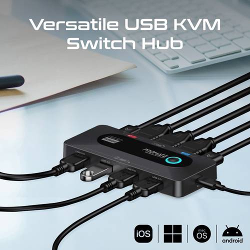 أحدث محول وموزع بيانات يمكنك من توصيل حاسوبين أو جهازين في آن واحد بدقة تصل إلى 4K، مزود بأربعة منافذ USB-A بسرعة 5 جيجابيت في الثانية ومنفذي HDMI مع زر لتبديل المدخلات بالإضافة الى الكابلات الأساسية- Promate MediaSwitch-KVM