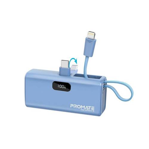 أحدث بطارية متنقلة -  صغيرة جدا للشحن السريع  بقدرة 5000 مللي أمبير مع موصل USB-C قابل للطي وكابل آيفون لايتينيغ توصيل طاقة بقدرة 20 واط موصل USB-C قابل للطي  مع مدخل/مخرج USB-C -بروميت NanoPack-5
