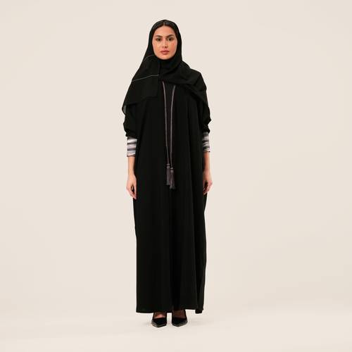 عباية - اسود قيطان هدب بنفسجي - أكمام طباعة