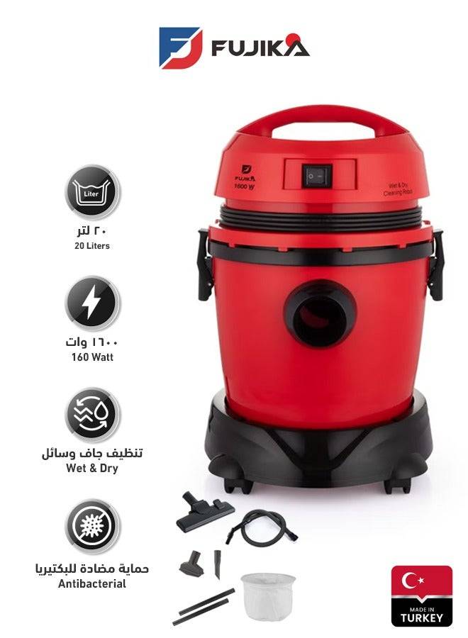    مكنسة FUJIKA برميل م/FJK-190 E WD  أحمر  رطب وجاف - التركية  - 20 لتر 1600 واط