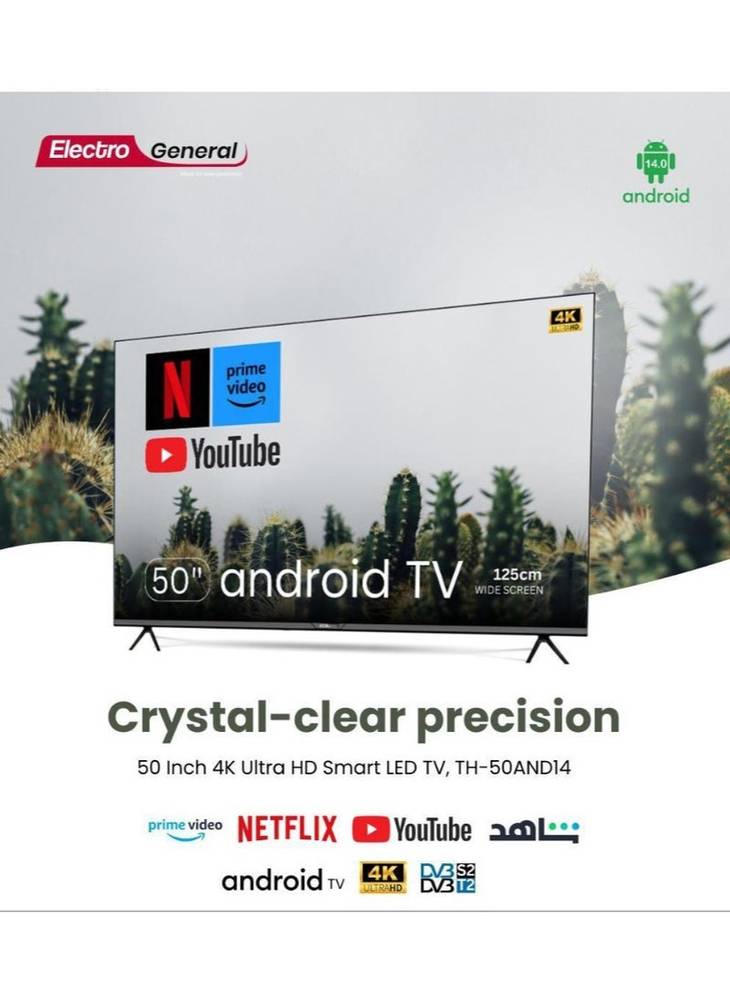 تلفاز LED ذكي 50 بوصة – TH-50AND14 – عرض UHD 4K مع نظام أندرويد 14 لتجربة ترفيه لا مثيل لها
