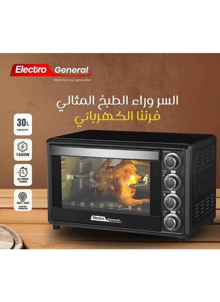 فرن كهربائي 30 لتر، 1600 وات، وظيفة الشواء، درجة حرارة قابلة للتعديل (100-230 درجة مئوية)، مؤقت 60 دقيقة مع جرس تنبية، باب زجاجي مزدوج، عناصر تسخين متينة من الفولاذ المقاوم للصدأ، اضاءة داخلية - 30 لتر وأداء قوي مع 1600 وات SVN-30RML أسود