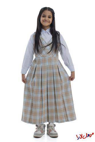 Beige Checkered Apron, Four-Button Model