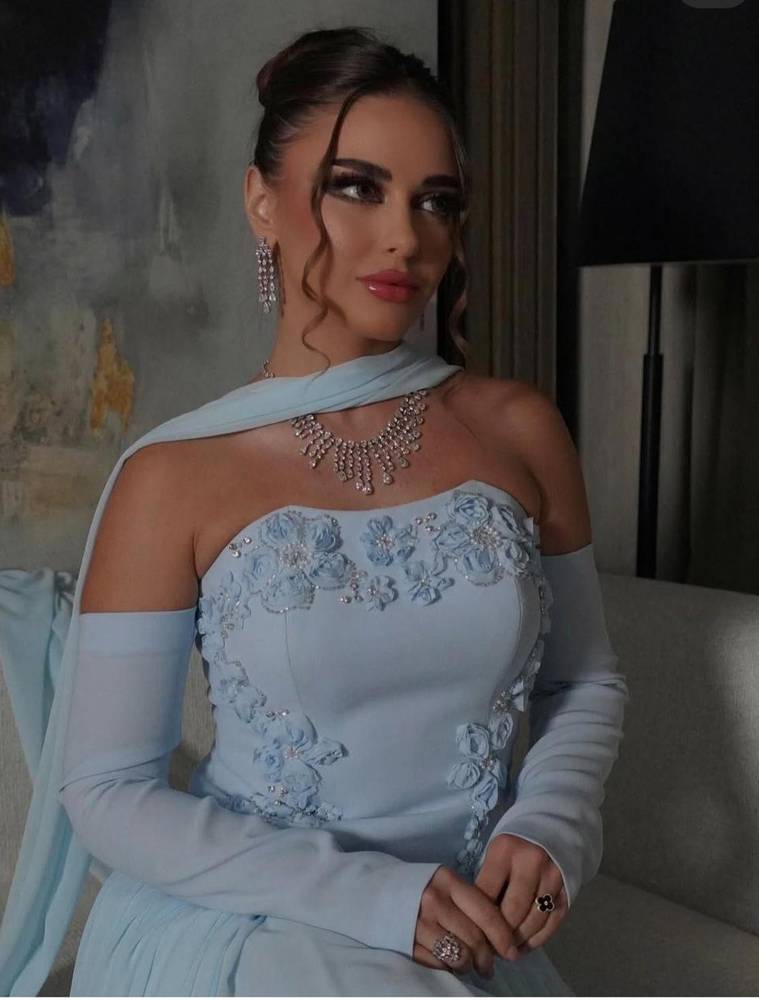 فستان سهره سماوي بشال انيق