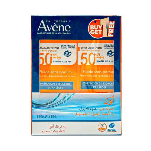 افين سائل واقي من الشمس +SPF50 خالي من العطر للبشرة العادية الى المختلطة الحساسة- 50 مل (1+1 مجاناً)
