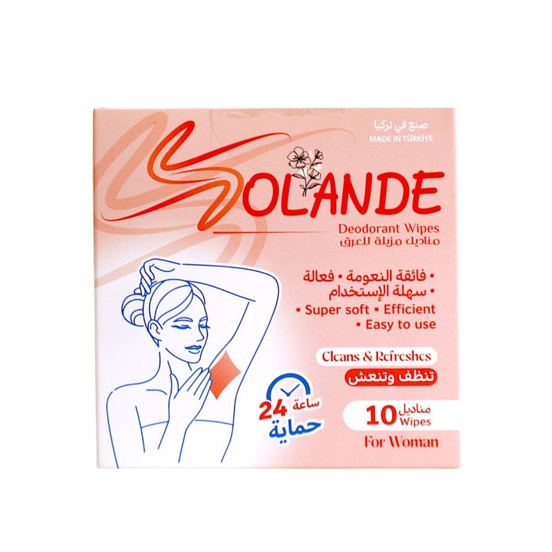 سولاند مناديل مزيلة للعرق فائقة النعومة حماية 24 ساعة للنساء - 10 مناديل