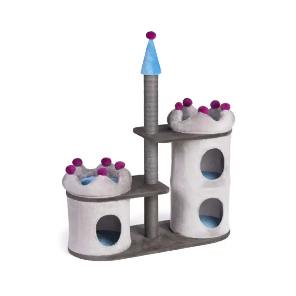 Two-story cat scratcher with two beds and three castle-shaped houses, gray color - Privo