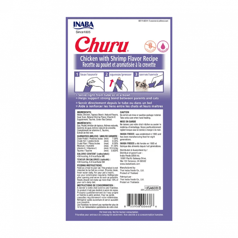 Inaba Churu Cat Treats Chicken Flavored Purée with Shrimp 4 x 14g