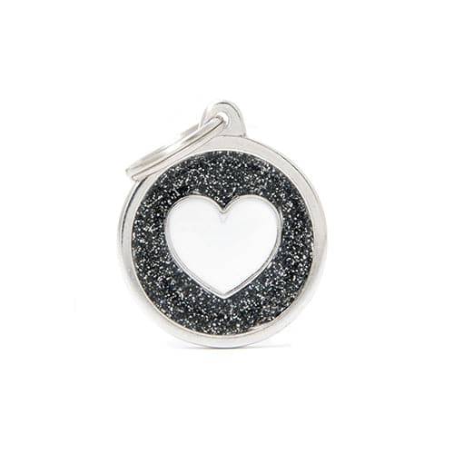 My Family Round Pendant, Black Shiny Color, Heart Shape, Large Size