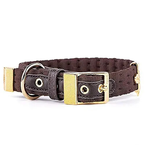 Milanese collar in brown leather with 24k gold plating for dogs - Medium