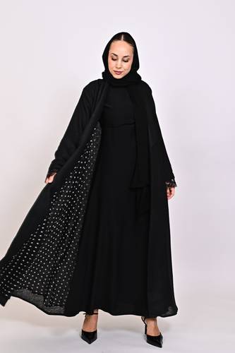 عباية لينن أسود ببطانة منقطة