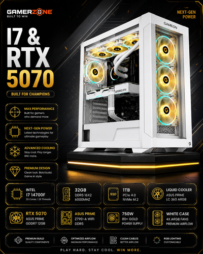 Intel i7 14700F RTX 5070 White Gaming PC – 32GB DDR5 | 1TB NVMe | RGB Gaming Build