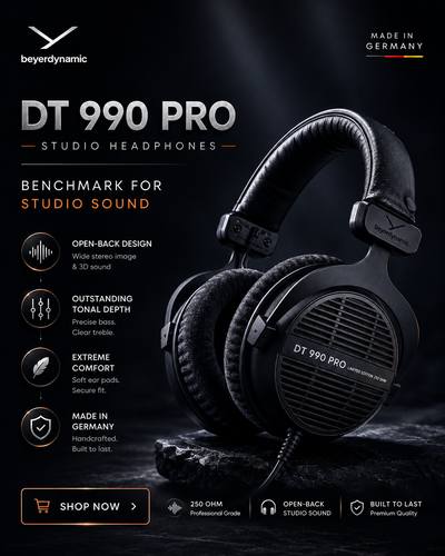 سماعات بييردايناميك DT 990 PRO الإصدار الأسود الاحترافية – 250 أوم