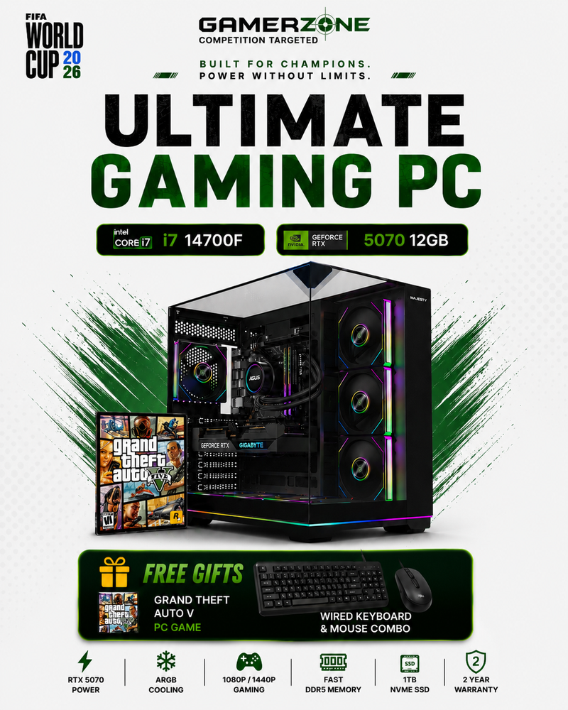 Ultimate Gaming PC – Intel Core i7-14700F | RTX 5070 12GB | 32GB DDR5 | 1TB NVMe SSD | FREE GTA V + Keyboard & Mouse