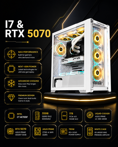 كمبيوتر ألعاب أبيض Intel i7 14700F مع RTX 5070 – رام 32GB DDR5 و SSD بسعة 1TB