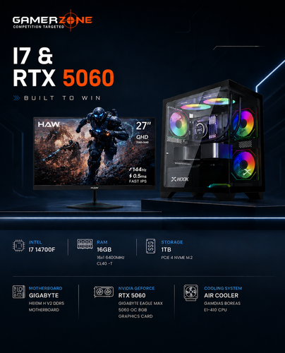 GamerZone Intel i7 14700F RTX 5060 Gaming PC + HAW 27” QHD 144Hz Monitor