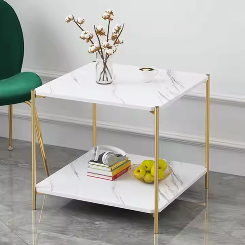 طاولة خدمة مربعة برفين بتصميم رخامي بقاعدة ذهبية وتصميم عصري