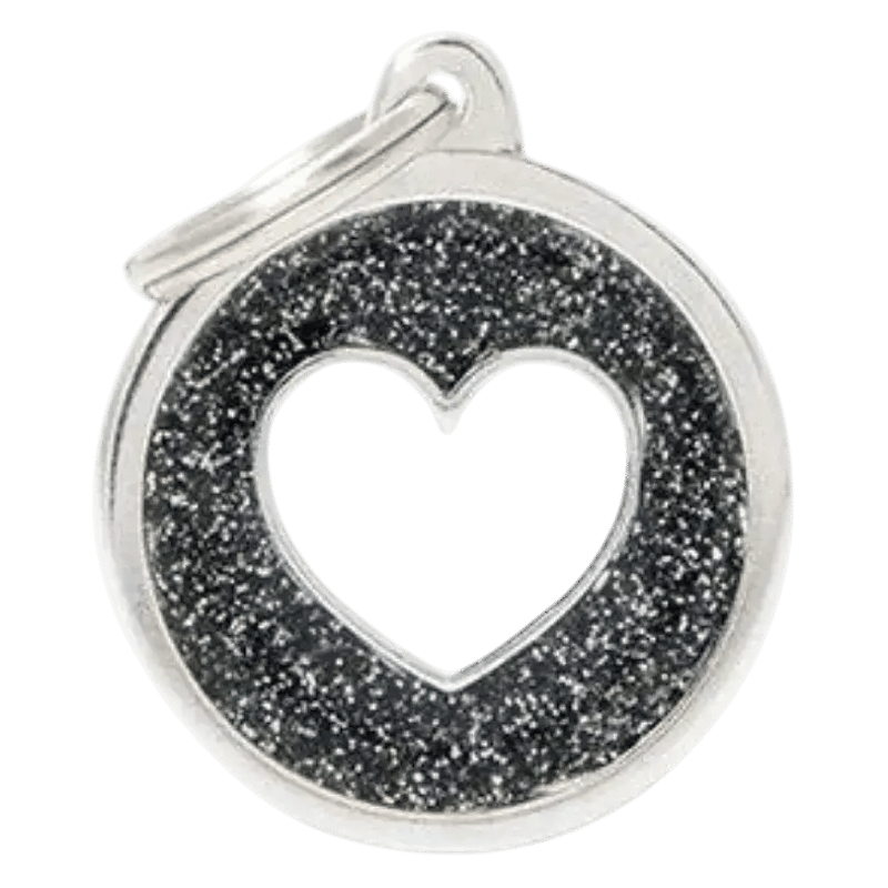 MF Tags BLACK BIG GLITTER CIRCLE WHITE HEART