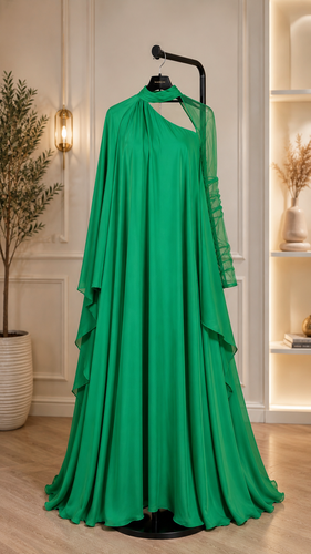 Silk Layered Gown with Sheer Tulle Sleeves