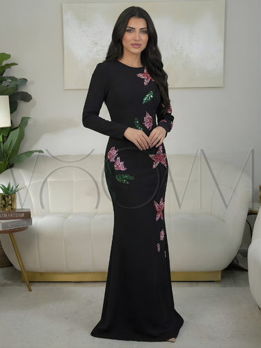فستان ماكسي بتطريز زهري - أسود 