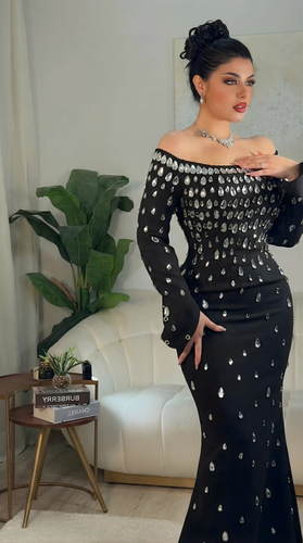 فستان ماكسي كريب - أسود  و ابيض