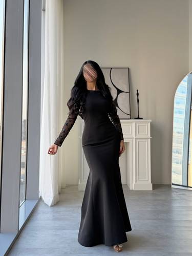 فستان ماكسي بأكمام طويلة -  أسود