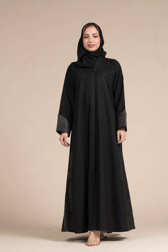عباية كتان اسود بتخيلة جاكار زيتي