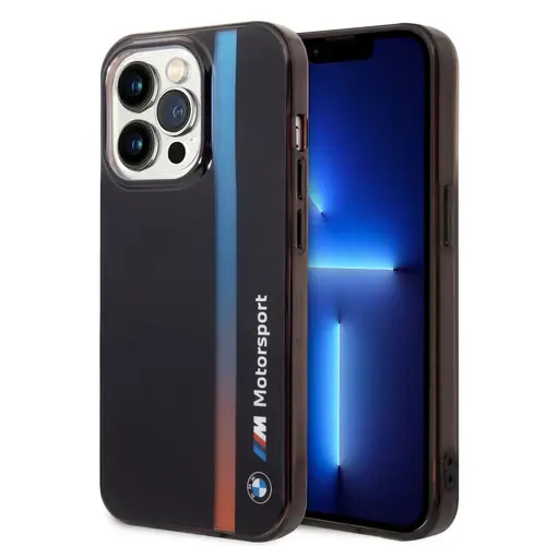 IPHONE 14 PRO - PC/TPU BLACK MOTORSPORT COLLECTION IML CASE PRINTED TRICOLOR FADING STRIPE - BMW