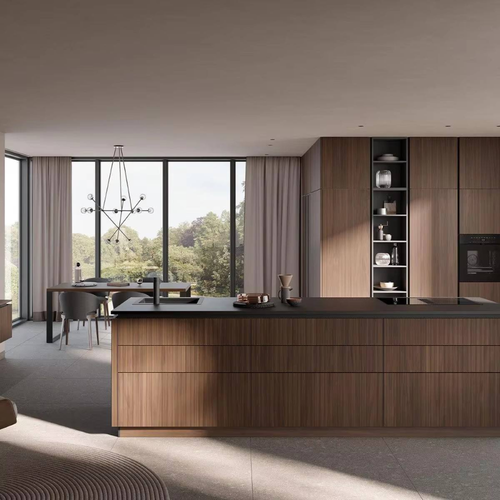 مشروع سكني: خزائن مطبخ معيارية، قشرة خشبية صلبة، تصميم عصري، جزيرة مطبخ ذكية، صنبور للشقة