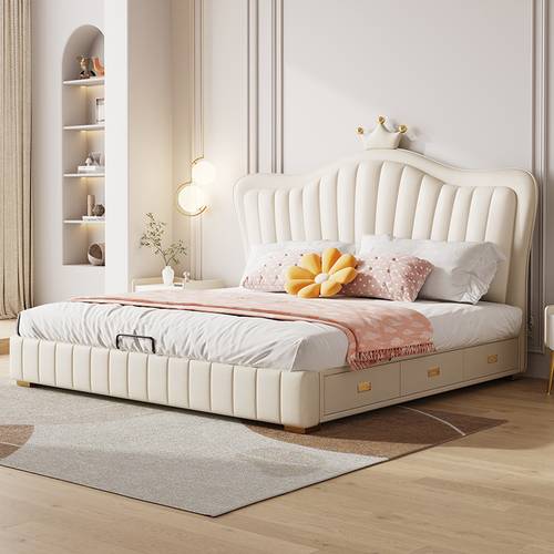 Cream Princess Upholstered Bed for Girls with Padded Crown Headboard and Storage Drawers