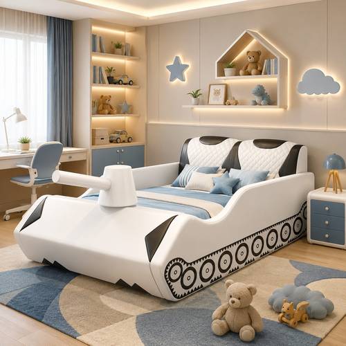 Military Tank Kids Bed - Premium Leather Upholstered Creative Junior Bed