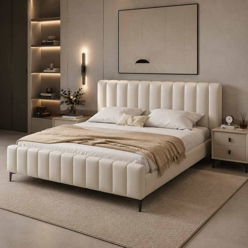 Premium Eco-Friendly Genuine Leather Modern Bed with Full Fluted Framework and Reinforced Frame