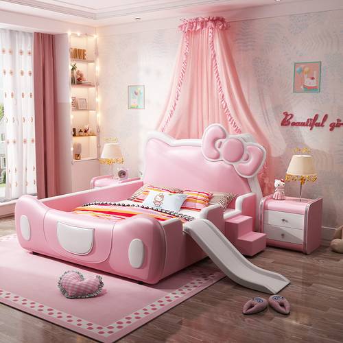 Modern Pink Hello Kitty Girls Bed - Premium Leather Upholstered Princess Castle Bed