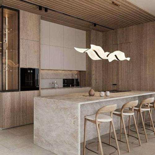 Custom Solid Wood Modular Modern Kitchen Cabinet Set with Quartz Island and Melamine Finished Plywood Particleboard