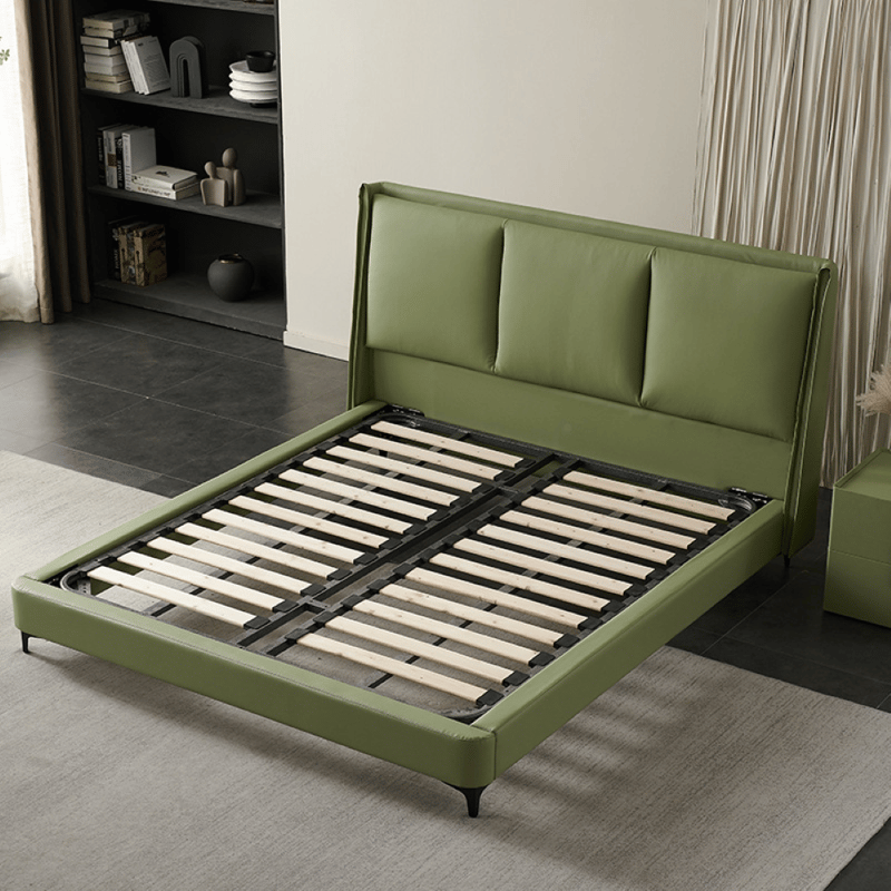 Italian Minimalist Sage Green Paneled Top-Grain Leather Bed