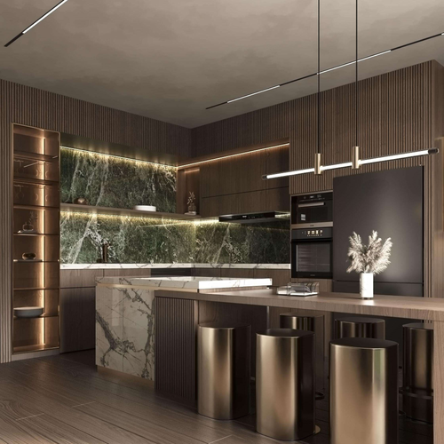 Modern Villa Style Luxury Smart Kitchen Cabinets with Melamine Wall Cabinet Set Faucet Quartz Stone Countertop