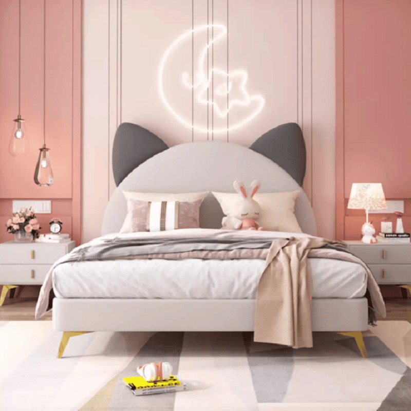 سرير أطفال منجد بالمخمل الناعم بتصميم آذان القطة الكرتونية